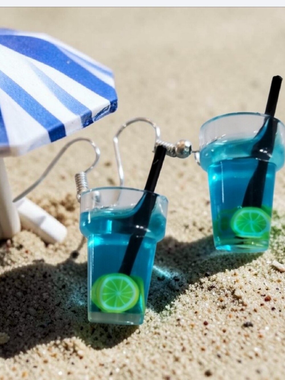 Blue Hawaii Drink with Lemon Slice  Dangle Earrings